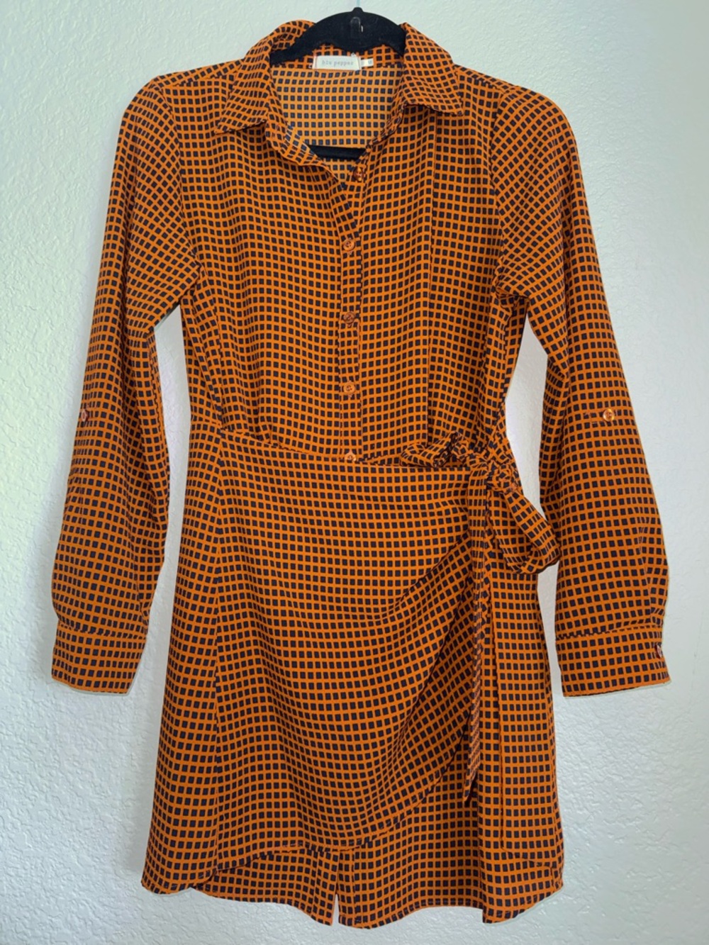 Blu Pepper Orange and Black Long-Sleeve Wrap Shirt Dress